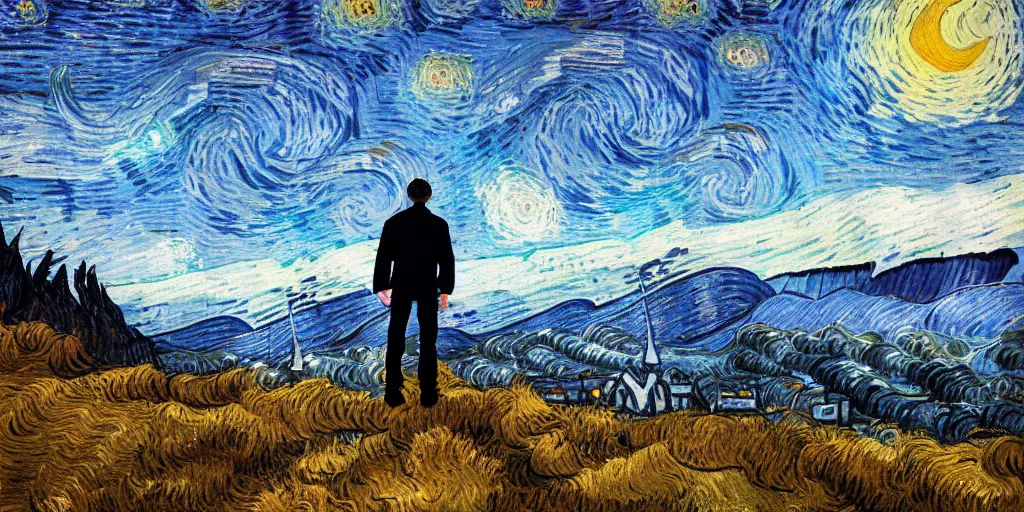 Prompt: landscape, mountain ranges, sky, style of Van Gogh starry night, atmospheric, cinematic, photographic, photoreal, artstation, digital art, small man center standing on mountain, valley mist, fog, hazy, glow