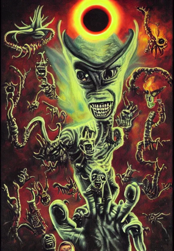 Image similar to subgenius, x - day, bob?, aliens, weird stuff, occult stuff, devil stuff, the movie the thing, muted colors, hyperrealism, stage lighting