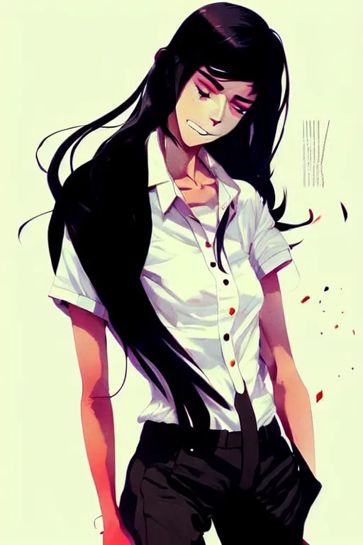 Image similar to a ultradetailed beautiful panting of a stylish woman wearing a shirt with a tie, she has black hair, by conrad roset, greg rutkowski and makoto shinkai, trending on artstation