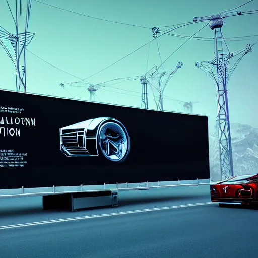 Image similar to sci-fi wall structure logotype and car on the coronation of napoleon painting and digital billboard in the middle, unreal engine 5, keyshot, octane, artstation trending, ultra high detail, ultra realistic, cinematic, 8k, 16k, in style of zaha hadid, in plastic, dark, tilt shift,