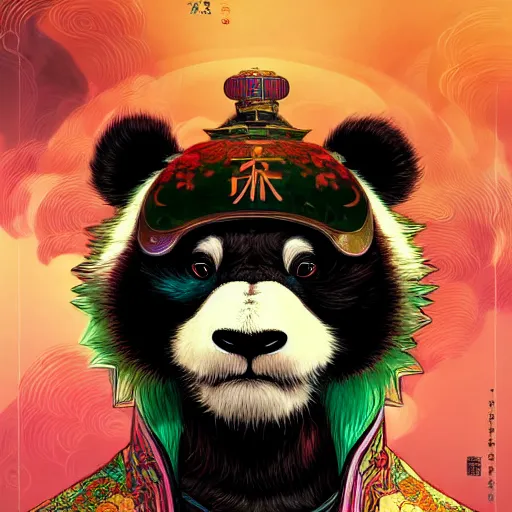 Image similar to a beautiful hyperdetailed character design 4 k wallpaper illustration of a cute panda with a chinese lion dance head victo ngai cyberpunk style, from china, style of studio ghibli, makoto shinkai, raphael lacoste, louis comfort tiffany, artgerm, james jean, ross tran, chinese style