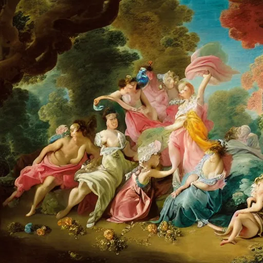 Prompt: colorful oasis in the style and the language of Rococo, reimagining the dynamism of works by eighteenth-century artists such as Giovanni Battista Tiepolo, François Boucher, Nicolas Lancret and Jean-Antoine Watteau through a filter of contemporary cultural references including film, food and consumerism