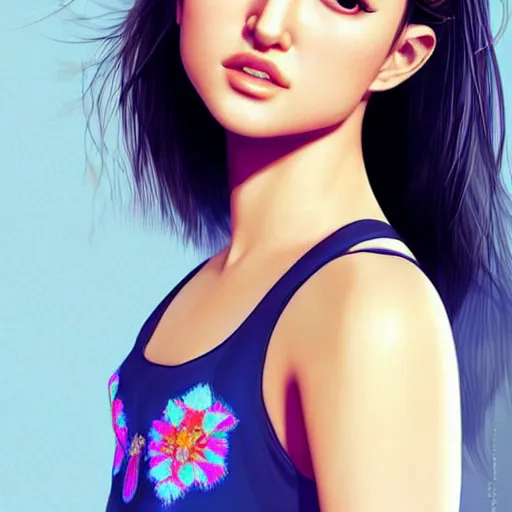 Image similar to a beautiful young japanese natalie portman alluring gravure model, wearing elegant designer tank top, elegant tank top with mesoamerican patterns, by wlop and ilya kuvshinov and artgerm and, aesthetic, gorgeous, stunning, alluring, attractive, artstation, deviantart, pinterest, digital art