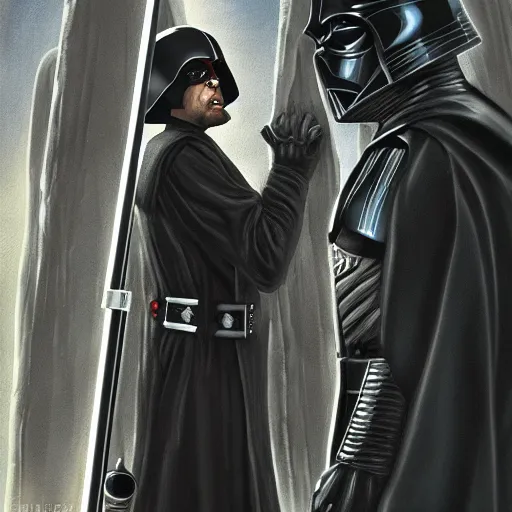 Prompt: Sebastian Stan as Luke Skywalker confronting Darth Vader in the Emperor's Throne Room in 'Return of the Jedi', highly detailed, trending on art station