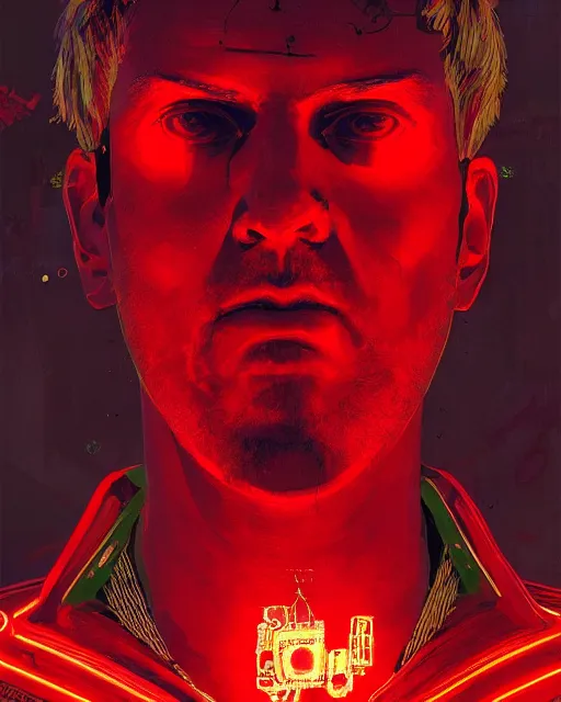 Image similar to detailed portrait Neon Emperor Nero, cyberpunk futuristic neon, reflective red coats, decorated with traditional Rome ornaments, burning Circus Maximus behind by Ismail inceoglu dragan bibin hans thoma greg rutkowski Alexandros Pyromallis Nekro Rene Maritte Illustrated, Perfect face, fine details, realistic shaded, fine-face, pretty face