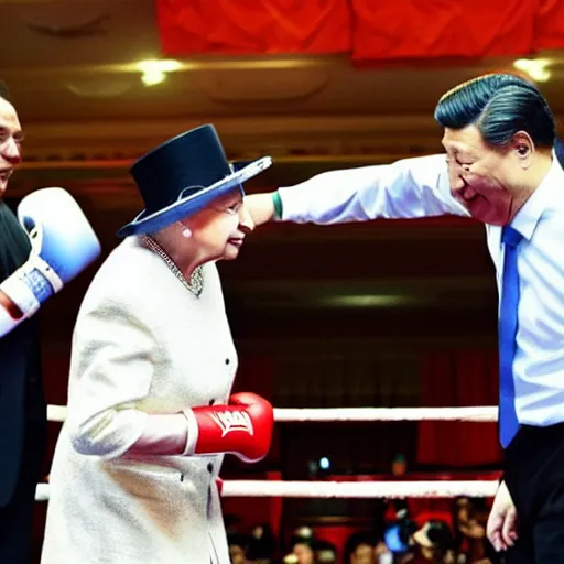 Image similar to Xi Jinping in a boxing match with the Queen of England,