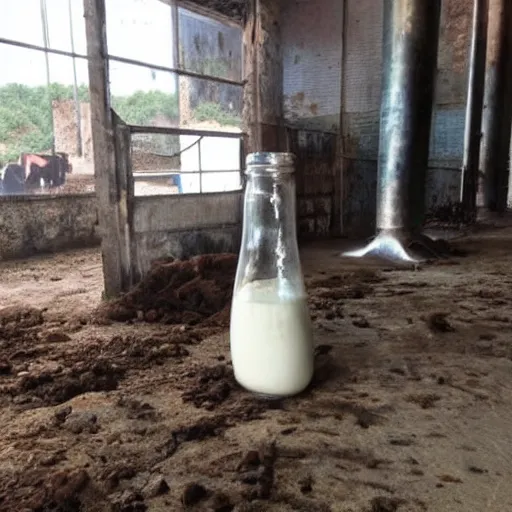 Image similar to dirty bottle of milk and a cow inside rusted slaughterhouse