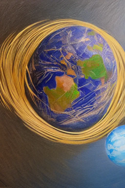 Prompt: rubber band ball planet, oil on canvas, intricate, portrait, 8 k highly professionally detailed, hdr, cgsociety