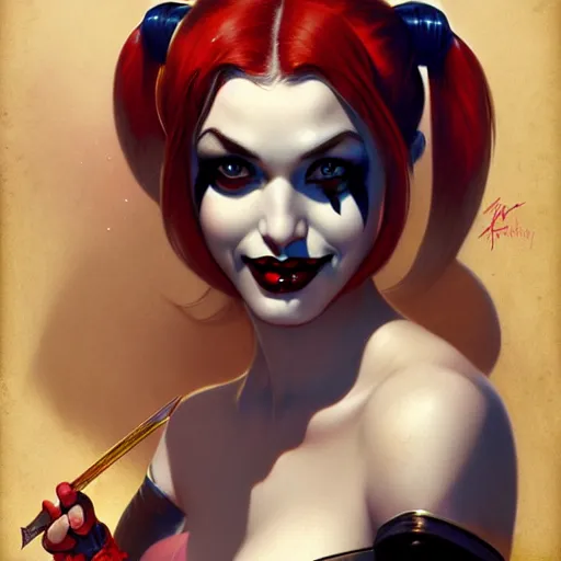 Image similar to of Harley Quinn, dark fantasy, medium shot, intricate, ornate, elegant, highly detailed, digital painting, volumetric light, artstation, concept art, smooth, sharp focus, illustration, art by Gil elvgren and charlie bowater and greg rutkowski and alphonse mucha