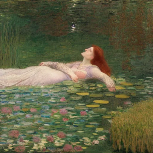 Image similar to ophelia laying partially submerged in water floating down the river amongst the reeds fully covered in robes and lake foliage weeds reeds fully clothed in flowing medieval robes by rosetti and monet, 8 k