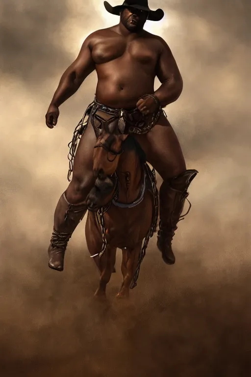Prompt: a beautiful dramatic epic painting of a thicc chunky beefy shirtless handsome!! black man | he is wearing a leather harness and cowboy hat | prairie setting, dust clouds | homoerotic, highly detailed, dramatic lighting | by Mark Maggiori, by William Herbert Dunton, by Charles Marion Russell | trending on artstation