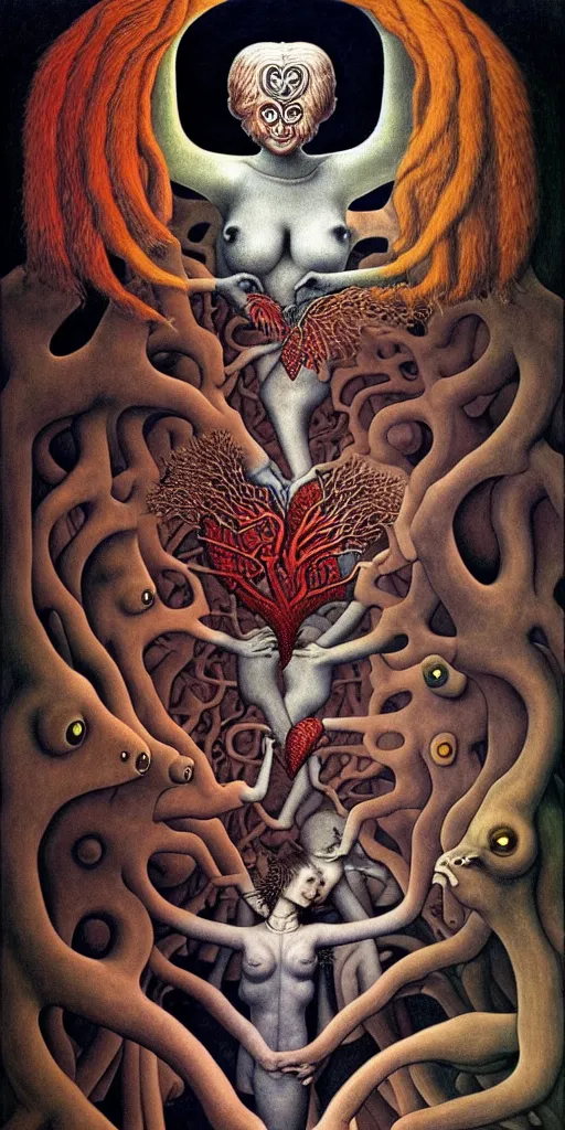 Prompt: mythical creatures and monsters in the visceral anatomical human heart imaginal realm of the collective unconscious, in a dark surreal painting by johfra, mc escher and ronny khalil