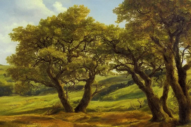 Image similar to masterpiece painting of oak trees on a hillside overlooking a creek, by gunnar mauritz widforss