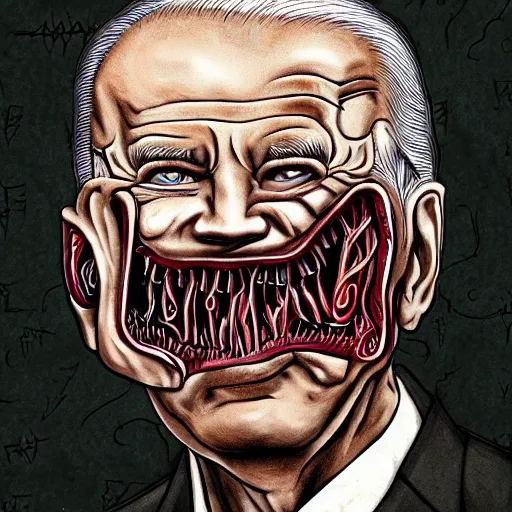 Prompt: biden became stupid ugly lovecraftian degenerate abomination, photo - realistic, color image, 2 k, highly detailed, bodyhorror, occult art