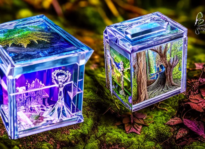 Image similar to photo of a crystal box with a magical kingdom inside, in the forest. Fantasy magic style. Highly detailed 8k. Intricate. Nikon d850 55mm. Award winning photography.