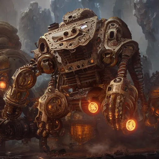 Image similar to a Steam powered mechanical golem, forward facing angle, studio background, concept art, character design, stunning 3d render , art by Tooth Wu and riot studios, 8k octane beautifully detailed render, post-processing, extremely hyperdetailed, intricate complexity, epic composition, grim yet sparkling atmosphere, masterpiece, trending on artstation