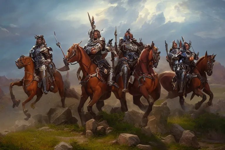 Prompt: a band of glorious paladins mounted atop of powerful horses, feeling of a terrible battle, james gurney, artstation, greg rutkowski, highly detailed, 8 k post - processing, 8 k resolution beautifully detailed landscape trending on artstation, unreal engine, octane render, cinematic lighting, action shot, action pose