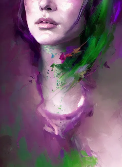 Image similar to purple and green colors, beautiful painting by jeremy mann, a female witch absurdly beautiful, elegant, ultrafine hyperrealistic detailed face illustration by wlop and artgerm and greg rutkowski, intricate linework, sharp focus, smooth, octopath traveler, final fantasy, unreal engine, dramatic lighting, ethereal, 8 k