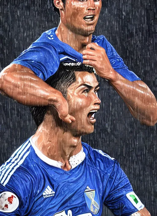 Image similar to epic face portrait cristiano ronaldo after scoring a goal, hard rain, michael whelan