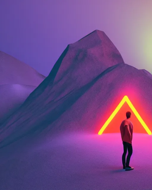 Image similar to a man standing in the middle of a mountain with a glowy neon triangle, a render by filip hodas, behance contest winner, environmental art, rendered in cinema 4 d, volumetric lighting