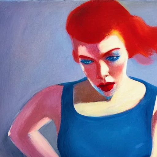 Image similar to Female model, red hair, coral lips, blue shadow, Edward Hopper style