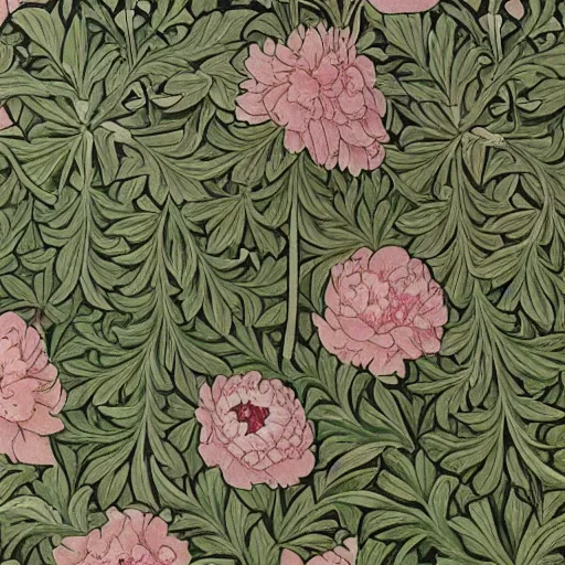 Prompt: william morris style print of beautiful light pink peonies and green leaves, repeating pattern