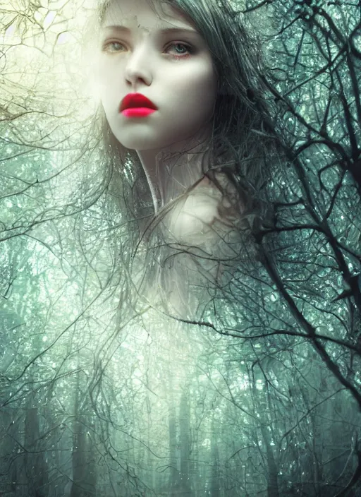 Image similar to glowing silver and golden elements, full close-up portrait, young female model from shutterstock as a dark witch, book cover, green forest, white moon, red lips, establishing shot, extremly high detail, photo-realistic, cinematic lighting, pen and ink, intricate line drawings, by Yoshitaka Amano, Ruan Jia, Kentaro Miura, Artgerm, post processed, concept art, artstation, matte painting, style by eddie, raphael lacoste, alex ross