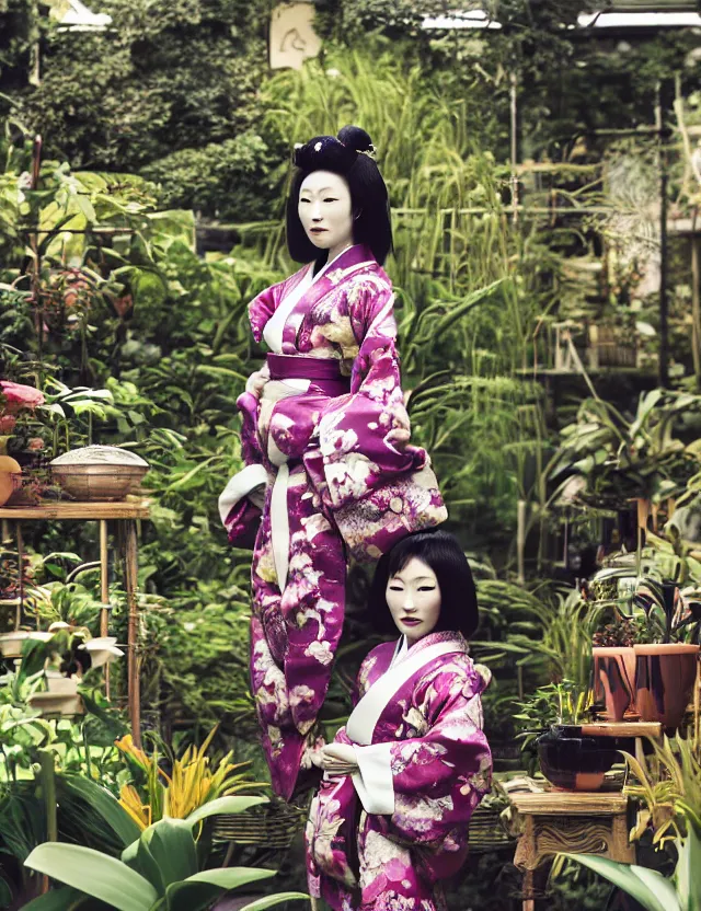 Image similar to fashion photograph of a beautiful Japanese woman wearing a traditional kimono in an orchid greenhouse, by Annie Leibowitz, extremely detailed, large format camera, Fuji Provia film, 85mm lens, bokeh, bokeh, blurred background, photorealistic, trending on instagram, trending on artstation