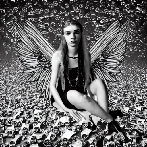 Prompt: a monochrome symmetric wide shot of Grimes as a fallen angel, sitting in a large glittery hell simulation with skulls and computer code