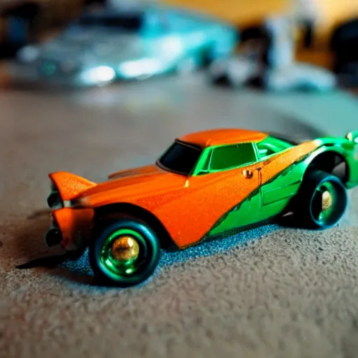 Prompt: 3 5 mm photo of metallic green and orange aquaman car like hot wheels model with a atlantis as background, epic cinematic, epic lighting