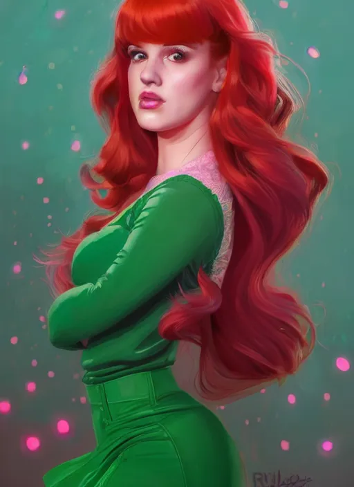 Image similar to full body portrait of teenage cheryl blossom, chubby, bangs, green eyes, sultry expression, red hair, sultry smirk, bangs and wavy hair, pink skirt, fat, intricate, elegant, glowing lights, highly detailed, digital painting, artstation, concept art, smooth, sharp focus, illustration, art by wlop, mars ravelo and greg rutkowski