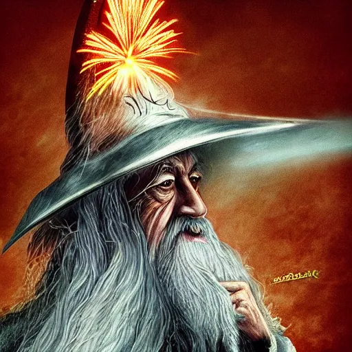 Prompt: gandalf playing with fireworks, lord of the rings, the hobbit, highly detailed, digital art,