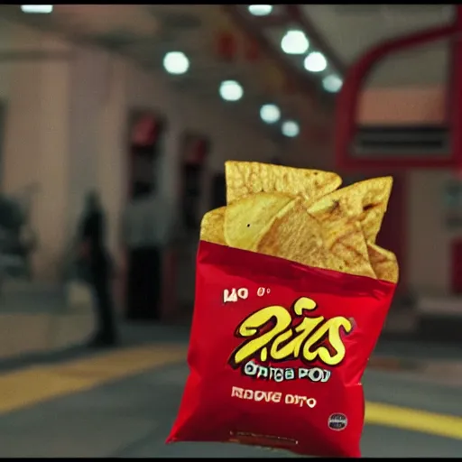 Prompt: a bag of chips with no design accept thats its red and says dortos on the middle, grainy footage, strange,