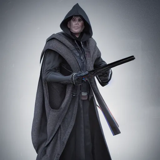 Image similar to a dark cloak with a single arm extending out of hit holding a pistol, portrait, 4 k, photorealistic