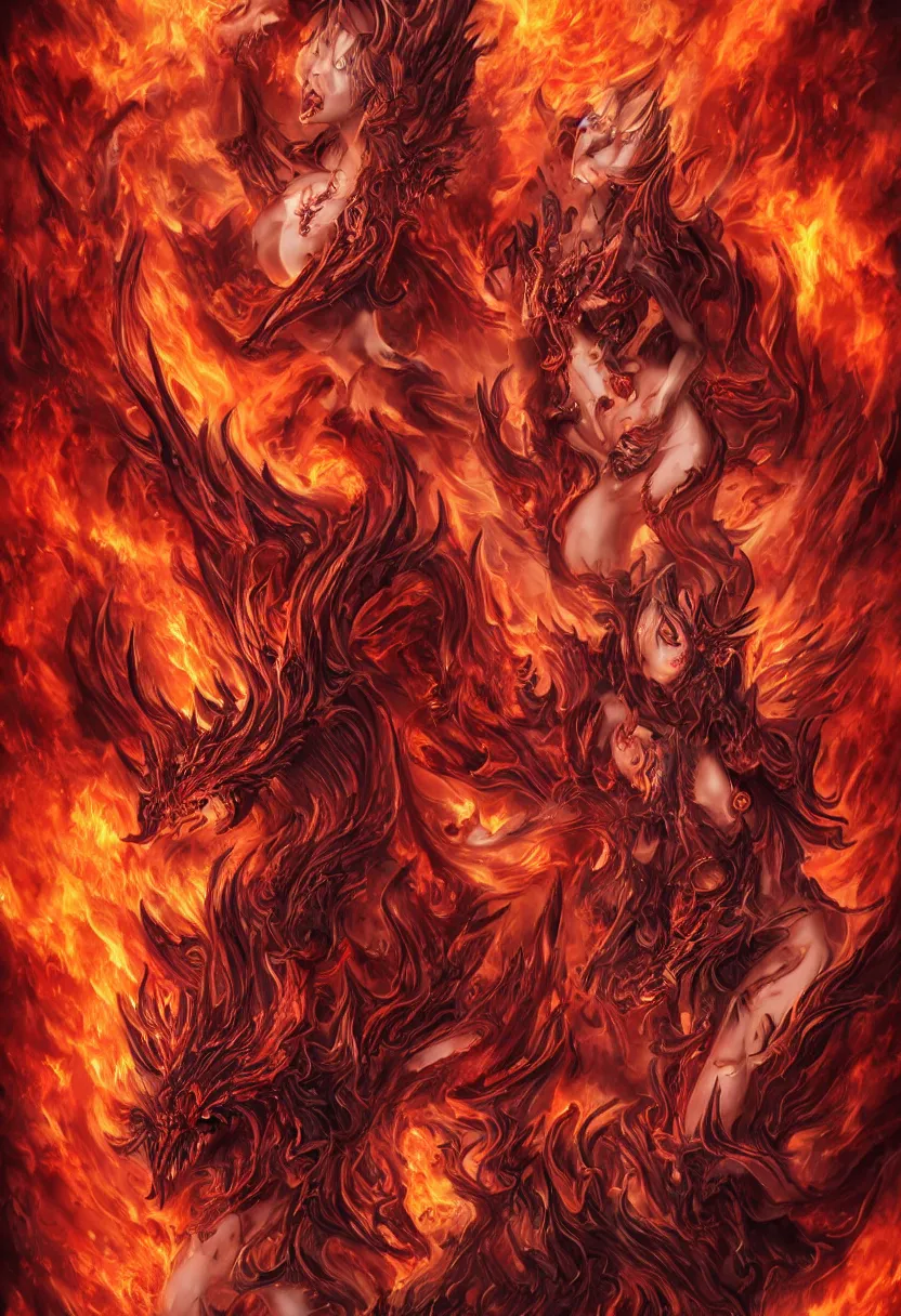 Image similar to stunning female demons surrounded in fire, korean, buddhist, Naraka otherworldly rising from the fire, crystal amber eyes , wings, very detailed face, smile, monster teeth covered in red, dark and mysterious, full body, rococo, cinematic, epic ,4K very detailed, full body, Sun God, death God, hell