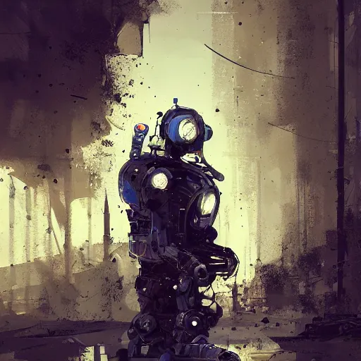 Prompt: god of machines, by Ismail Inceoglu, robot, mechanical, cybernetic, wearing navy hood, detailed, digital art,