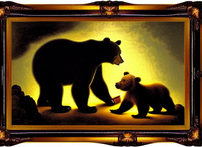 Prompt: Pieter Claesz's 'bear and cub in a dark cave lit by the flame of a fire', night time, pointillism, backlit, beautiful wooden frame, the colours of the sunset, vibrant