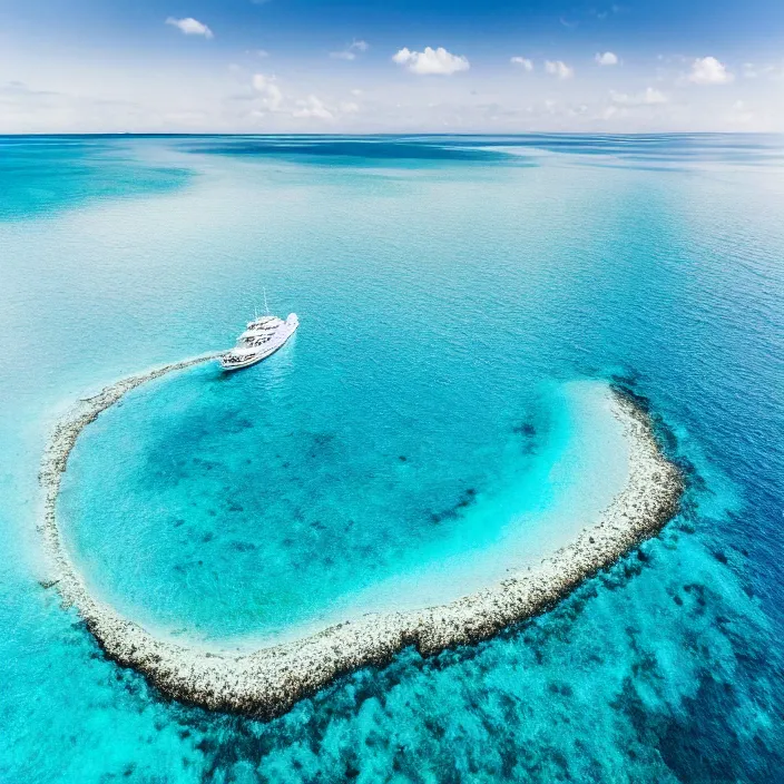 Image similar to an aerial perspective of a crystal clear ocean, a white yacht sailing, turquoise ocean, photo - realistic, highly detailed, calm, serene