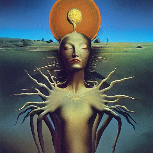 Image similar to the queen of the sun by salvador dali and zdzisław beksiński, oil on canvas