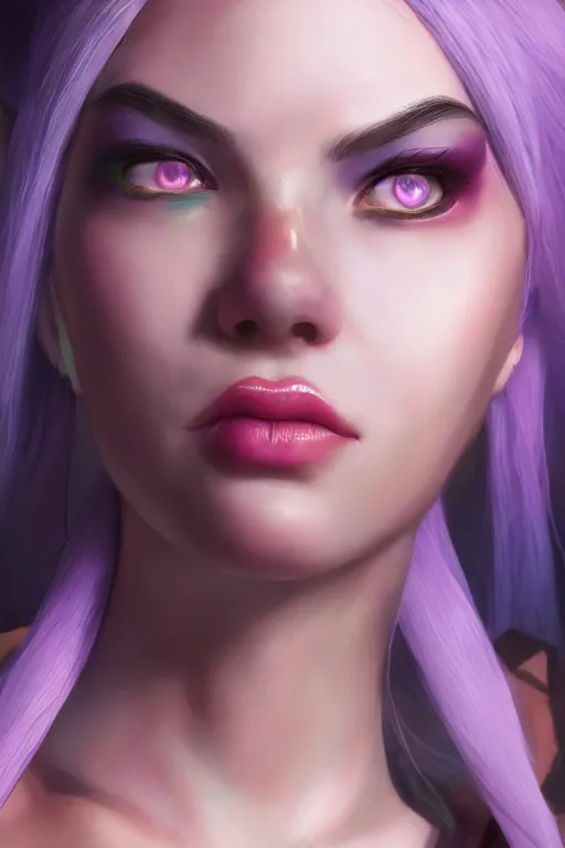 Image similar to ultra realistic facial portrait of jinx from league of legends, digital art, character portrait, highly detailed, trending on artstation, lens flare, atmosphere, hyper realistic, cinematic lightning, sharp focus, unreal engine 5, extreme details perfect face, pretty face, fine - face, illustration, 8 k, ultra texture, masterpiece