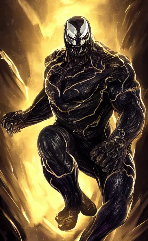 Image similar to full body portrait of venom as thanos, dynamic lighting, cinematic, ultra detailed, trending on art station, stunning visuals, creative, fantasy concept art