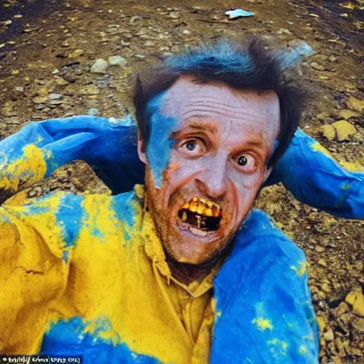 Prompt: last selfie of last alive of frightened funny damaged to bones ukrainian in dirty yellow and blue rags that trying to escape from a huge nuclear explosion at background