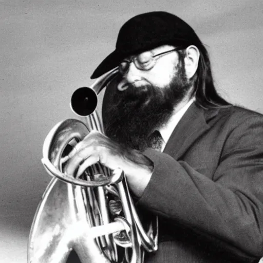 Prompt: photo of chuck mangione hugging his flugelhorn