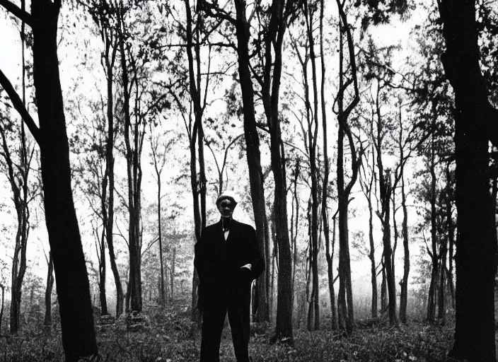 Prompt: sinister black and white old photography of a tall man in the woods