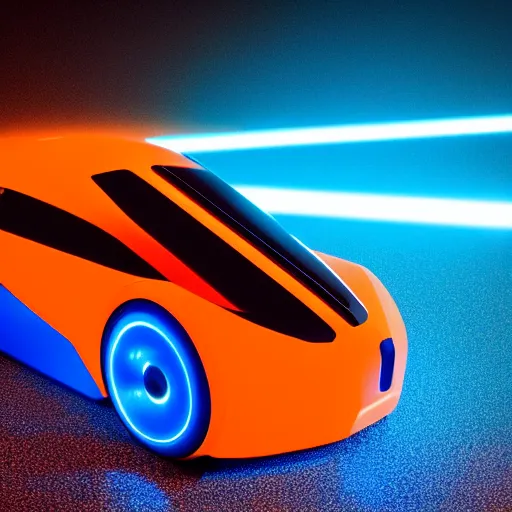 Prompt: a orange and blue shiny metallic robot in style of a bmw concept car vision with cyan glowing laser beams out of the eyes, insanely integrate details, cables out of the ears, sharp, frontshot, 8 k,