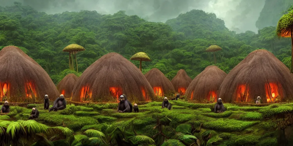 Image similar to a jungle village of alino gorillas and their mushroom huts, matte oil painting, retrofuturistic, science fantasy, salt, rust, mutant, lgbt, queer, rpg, epic, dungeons & dragons, sacred, sharp focus, award - winning, extremely detailed, 4 k, 8 k