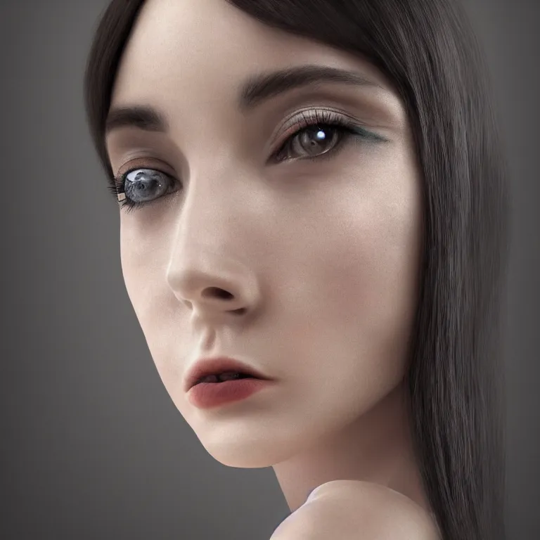 Image similar to hight focus of a wonderful realistic focused centered mid portrait of a wonderful realistic symmetrical lonely woman, her eyes makeup is 7 0's style, dressed with a wonderful, majestic, large semi transparent black cotton dress, dramatic light, octane render, - 8 k