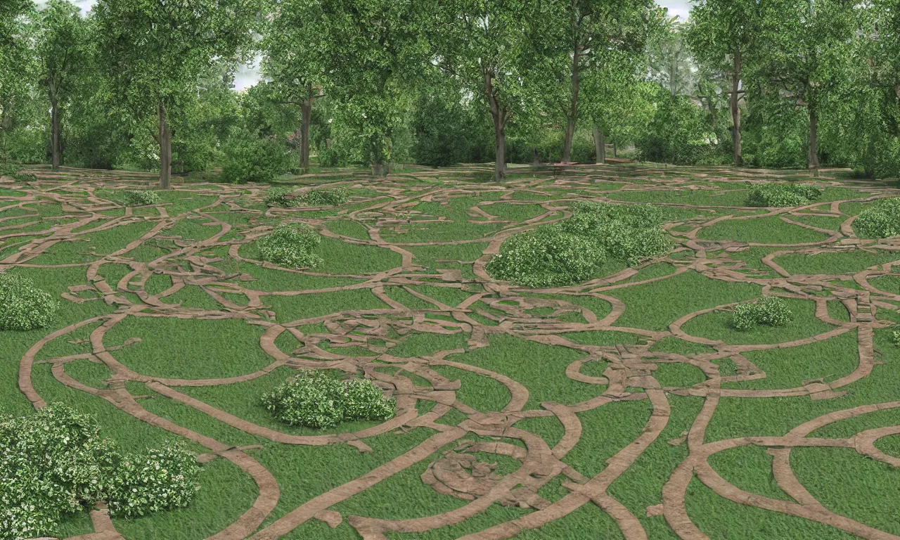 Prompt: english park maze ancient train pathways and walkers, photorealistic 3d rendering