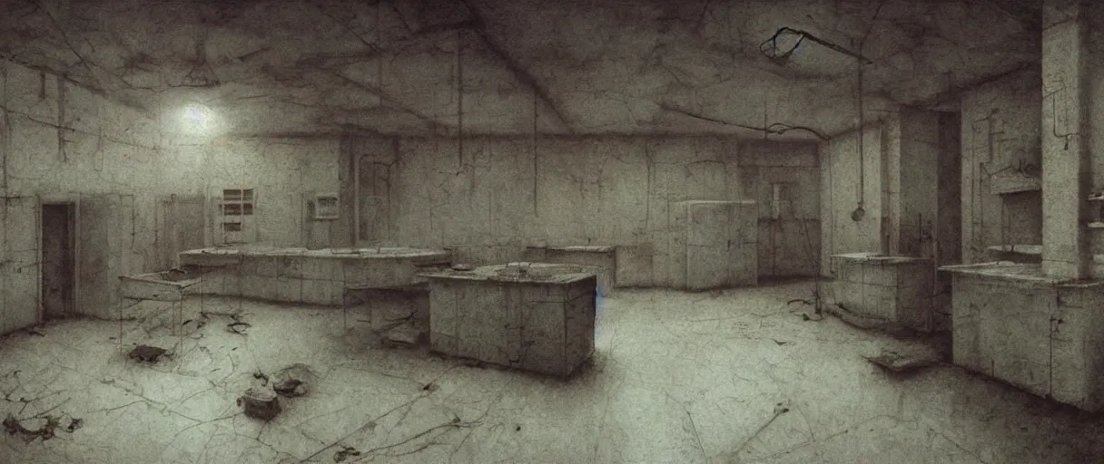 Prompt: dark soviet abandoned laboratory room by Zdzisław Beksiński,