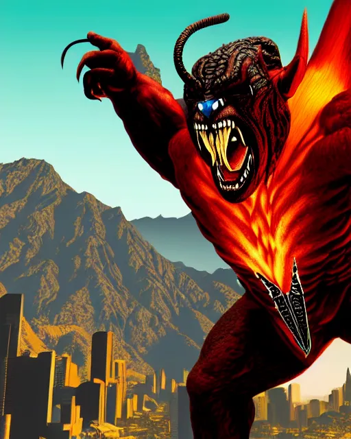 Image similar to Balrog from Lord of the rings in GTA V loading screen, GTA V Cover art by Stephen Bliss, boxart, loading screen,